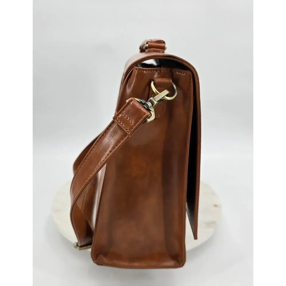 Ecosusi Laser-Cut Bow Satchel Crossbody‎ Bag – Cognac Brown Faux Leather